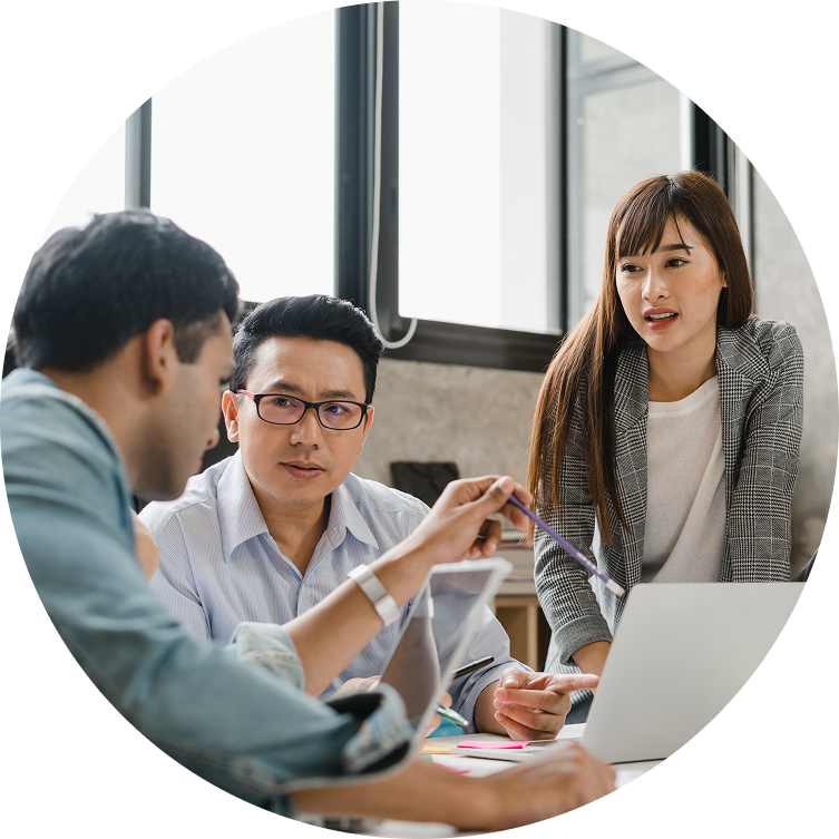 people talking and working together